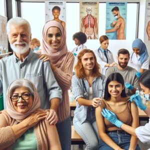 A diverse group of people of different ages, including seniors and young adults, getting vaccinated in a clinic setting. The atmosphere is positive and encouraging, highlighting the importance of vaccination for community health.