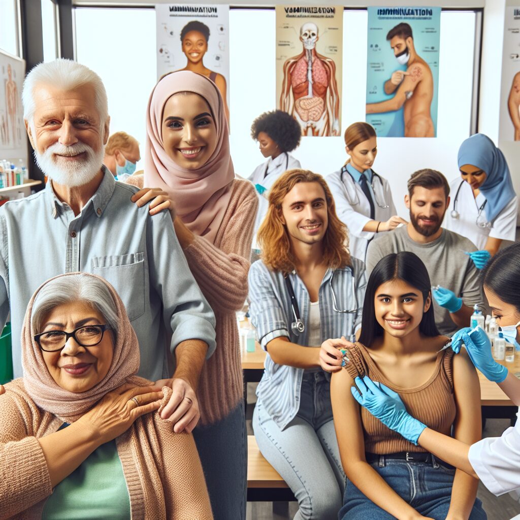A diverse group of people of different ages, including seniors and young adults, getting vaccinated in a clinic setting. The atmosphere is positive and encouraging, highlighting the importance of vaccination for community health.