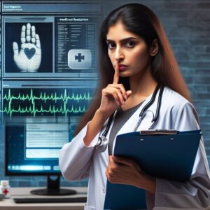 Image of a healthcare professional holding a report suspiciously with a computer in the background displaying healthcare data vigilance, illustrating the importance of fraud detection in medical reimbursements.
