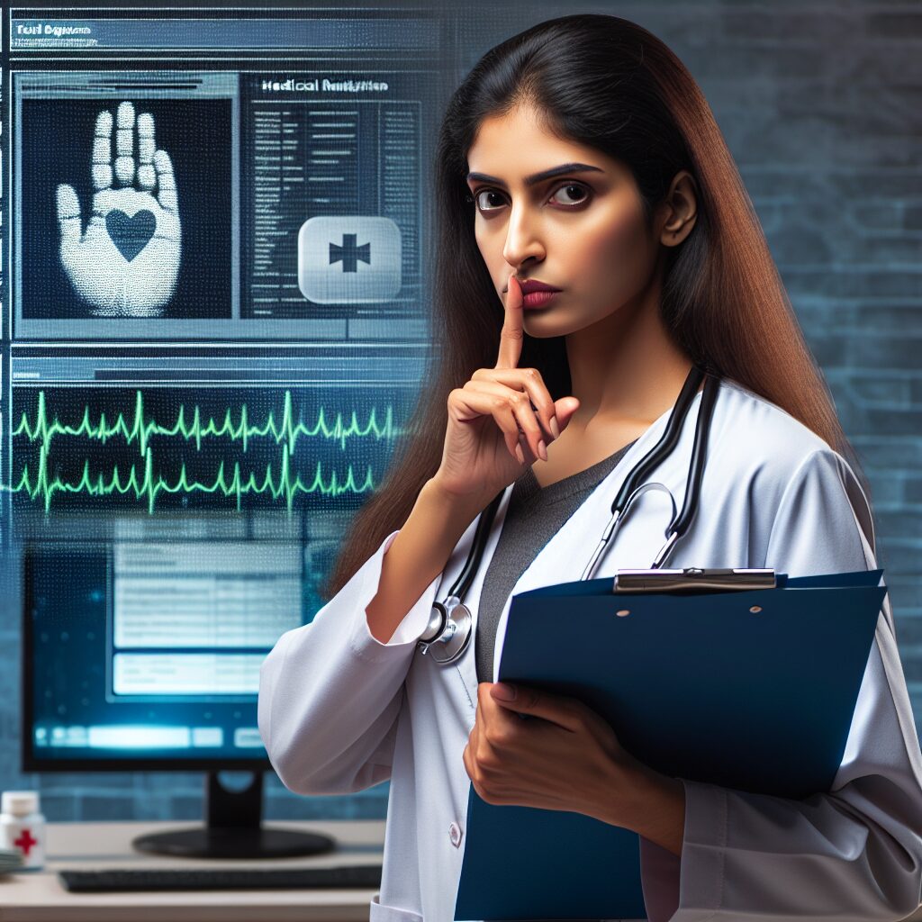 Image of a healthcare professional holding a report suspiciously with a computer in the background displaying healthcare data vigilance, illustrating the importance of fraud detection in medical reimbursements.