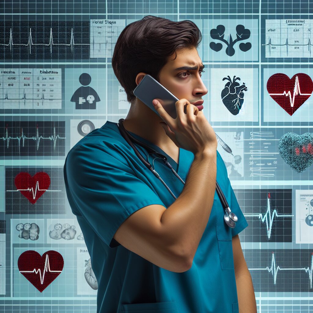 A concerned healthcare professional making a phone call, symbolizing a large-scale health campaign. The background shows medical charts and symbols of heart and diabetes. The image conveys a sense of urgency and care.