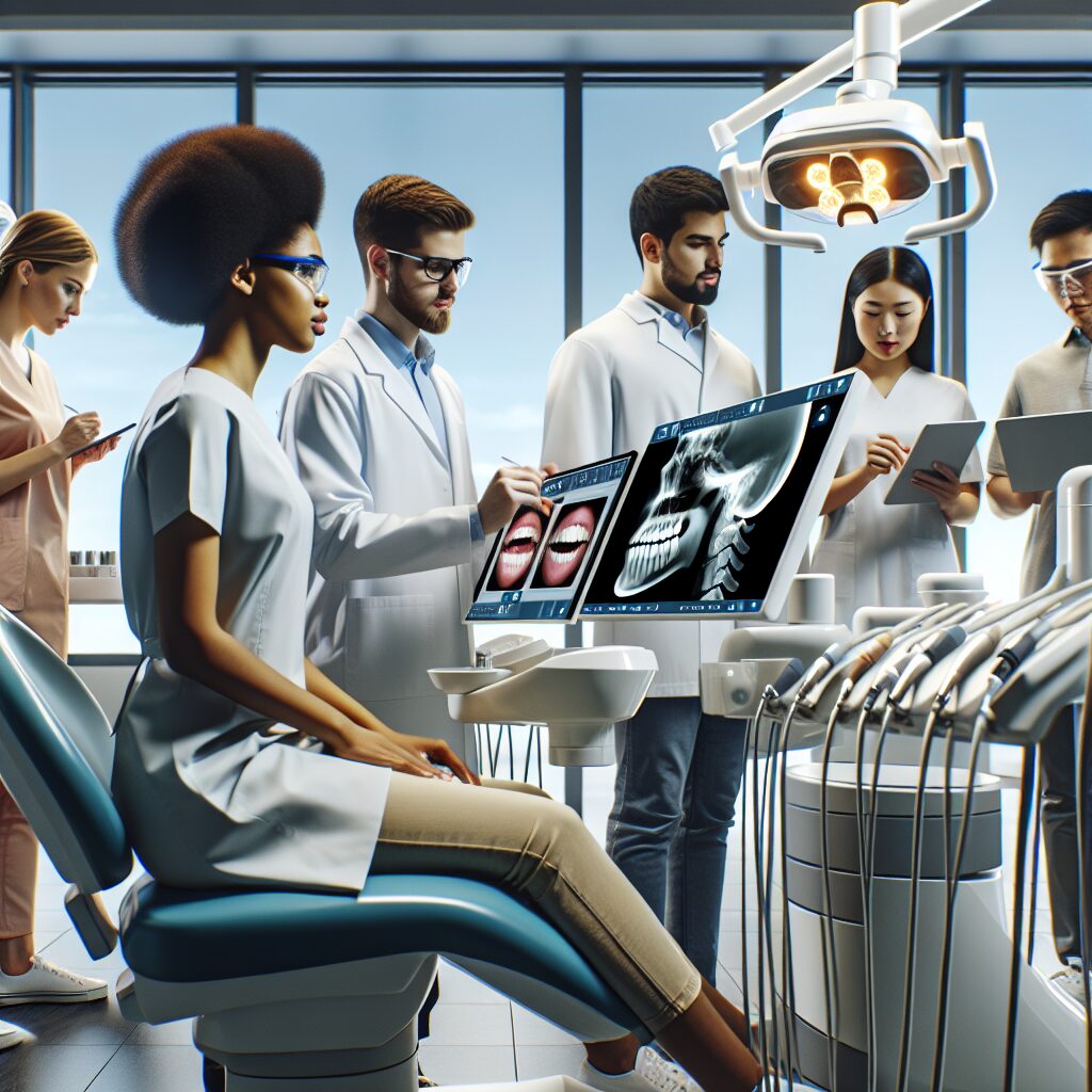 A modern dental clinic with diverse students, representing various nationalities, engaged in hands-on training, with futuristic dental equipment and a diverse group of students, both men and women. Bright lighting and professional atmosphere.