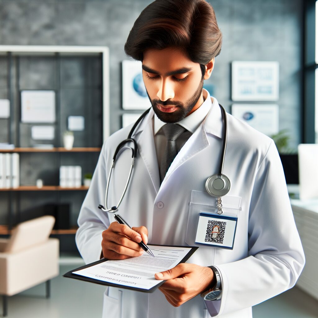 Illustration d'un médecin remplissant un formulaire sécurisé avec des éléments de sécurité visibles, comme des hologrammes ou de l'encre magnétique, dans un cabinet moderne.