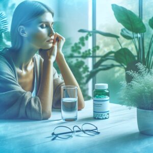 A detailed and calming illustration showing a person sitting calmly at a table with a glass of water and a pill bottle labeled 'medication for anxiety and insomnia'. The surrounding is peaceful with soft colors like blue and green, suggesting tranquility and careful medication use, with a hint of nature seen outside the window in the background.