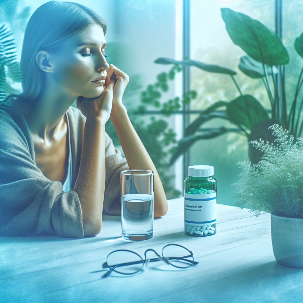 A detailed and calming illustration showing a person sitting calmly at a table with a glass of water and a pill bottle labeled 'medication for anxiety and insomnia'. The surrounding is peaceful with soft colors like blue and green, suggesting tranquility and careful medication use, with a hint of nature seen outside the window in the background.