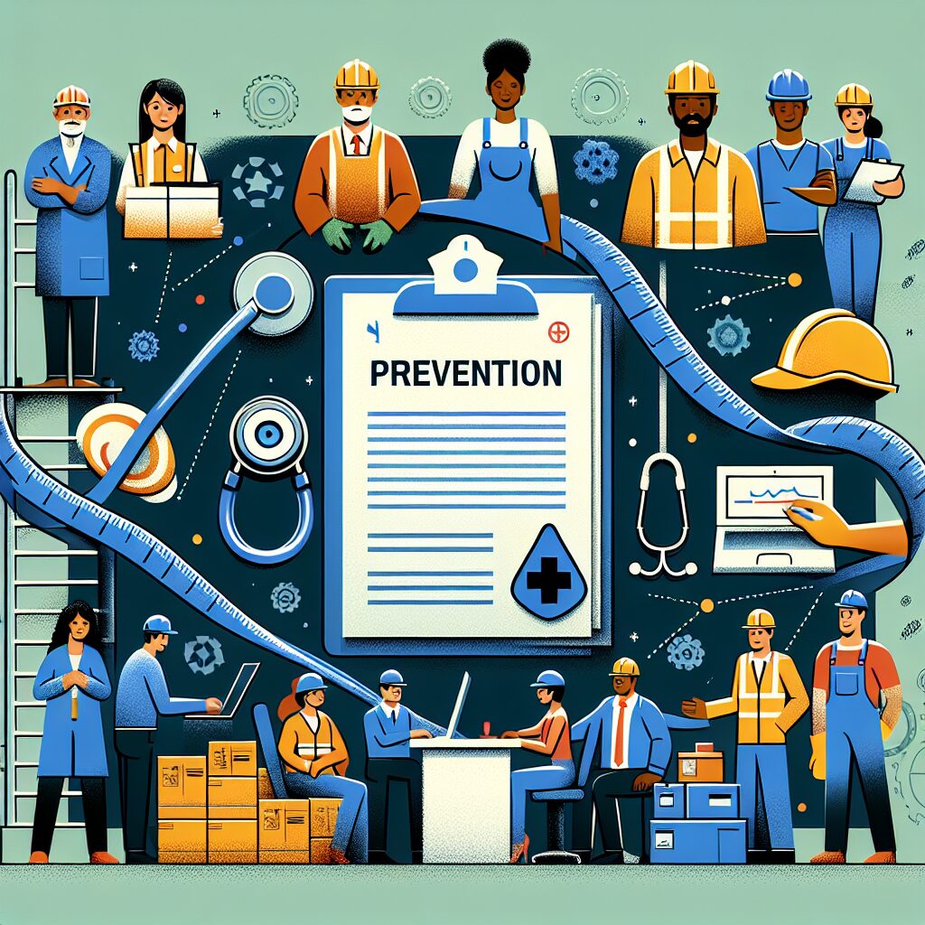 Image représentant un environnement de travail, avec des éléments symboliques de la santé au travail comme un casque de sécurité, un stéthoscope, et un document marqué comme 'rapport de santé'. Des travailleurs de différentes industries, unis dans une démarche de prévention, devraient être visibles.