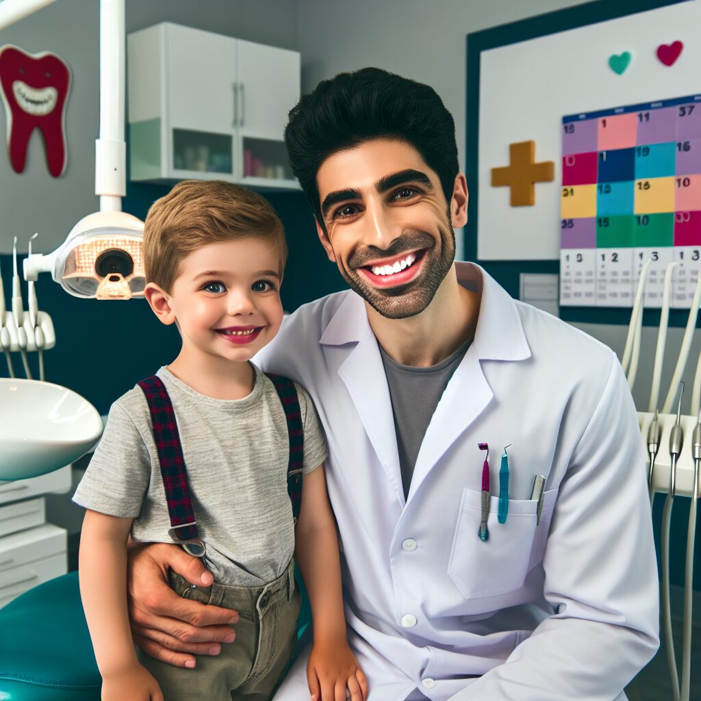 A friendly pediatric dentist smiling at a young child in a cheerful dental office setting, with colorful dental tools and a calendar showing annual appointments. The atmosphere should be welcoming and educational.