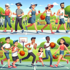 Image représentant une famille diverse prenant des mesures saines pour prévenir le cancer, comme faire de l'exercice, manger des fruits et légumes, et porter un chapeau et des lunettes de soleil pour se protéger. La scène se déroule par une journée ensoleillée dans un parc.