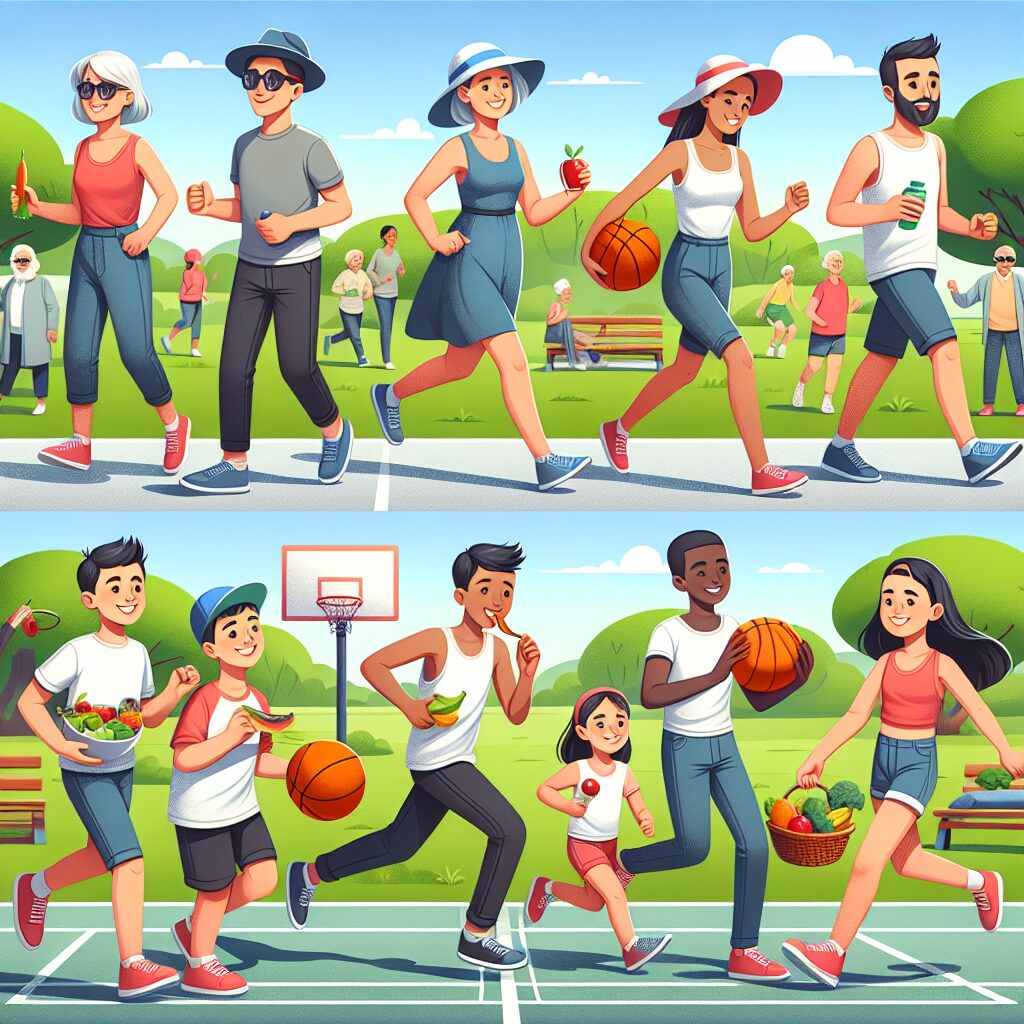 Image représentant une famille diverse prenant des mesures saines pour prévenir le cancer, comme faire de l'exercice, manger des fruits et légumes, et porter un chapeau et des lunettes de soleil pour se protéger. La scène se déroule par une journée ensoleillée dans un parc.
