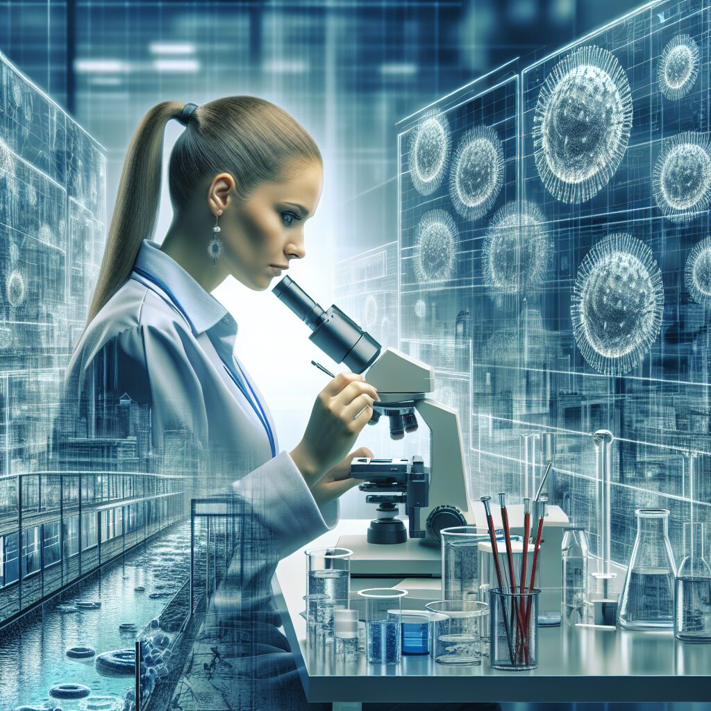 Image showing a scientist analyzing wastewater samples in a modern laboratory, focusing on poliovirus detection in a European city setting, with microscopes and lab equipment in view.