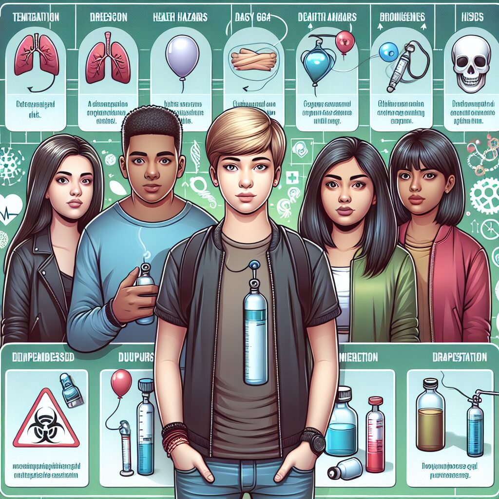 A detailed and informative illustration of the risks associated with nitrous oxide abuse, showing young people and medical symbols, highlighting both health dangers and preventive measures, with a professional and educational style.