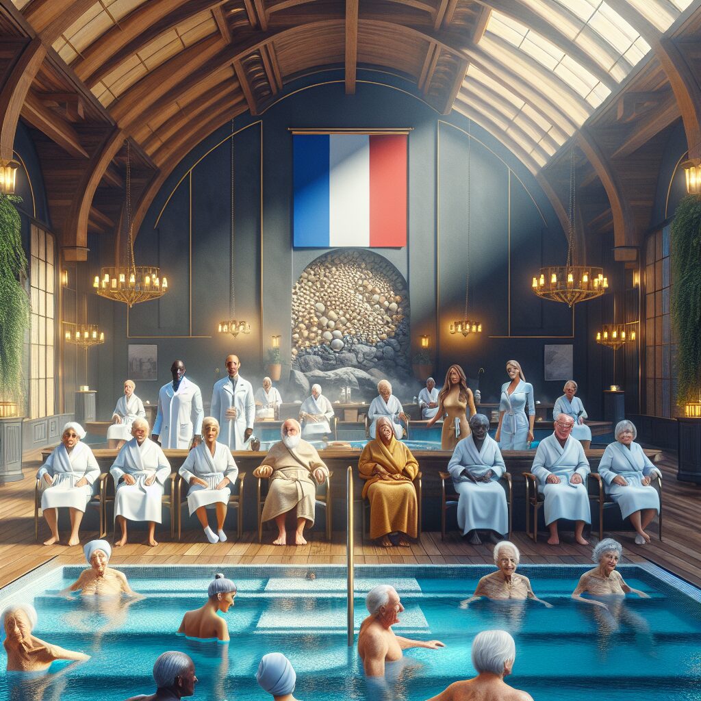 Thermal spa setting in France, emphasizing the serene and healing atmosphere, with elderly people enjoying therapeutic treatments in luxurious surroundings. Include calming water features, steam, and lush greenery typical of a high-end spa environment.