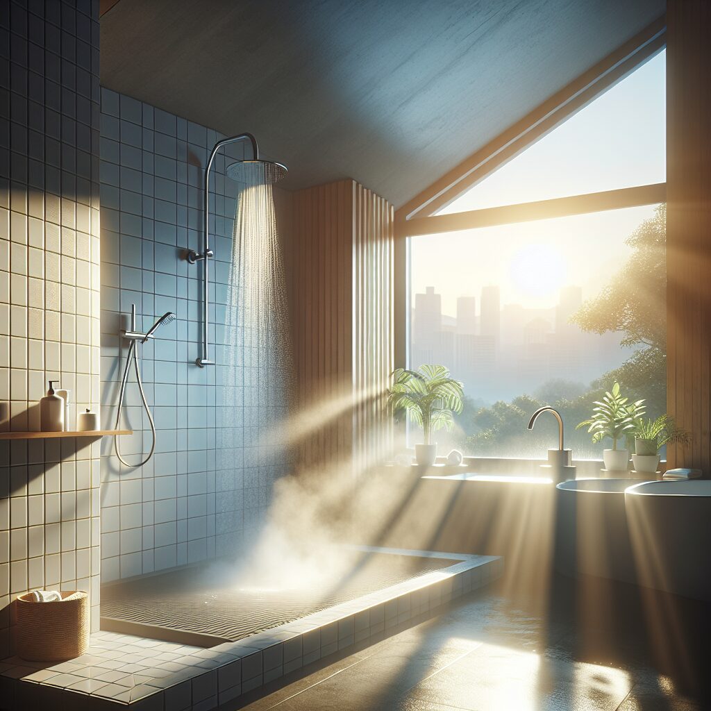 A serene bathroom scene with the morning sunlight streaming through a window, illuminating a modern shower with steam indicating freshness and cleanliness. The visual should evoke a sense of calm and cleanliness, suitable for a health-related article about shower habits.