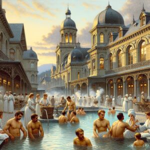 A bustling French spa town, with elegant architecture, peaceful environments, and locals enjoying thermal treatments. The image evokes a sense of tranquility and highlights both the cultural and economic significance of thermal baths in local communities.
