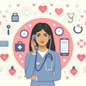 Une illustration montrant une infirmière au téléphone avec des icônes liées à la santé, comme un stéthoscope et des cœurs, symbolisant l'appel à des patients souffrant de maladies chroniques.