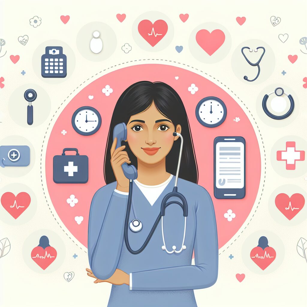 Une illustration montrant une infirmière au téléphone avec des icônes liées à la santé, comme un stéthoscope et des cœurs, symbolisant l'appel à des patients souffrant de maladies chroniques.