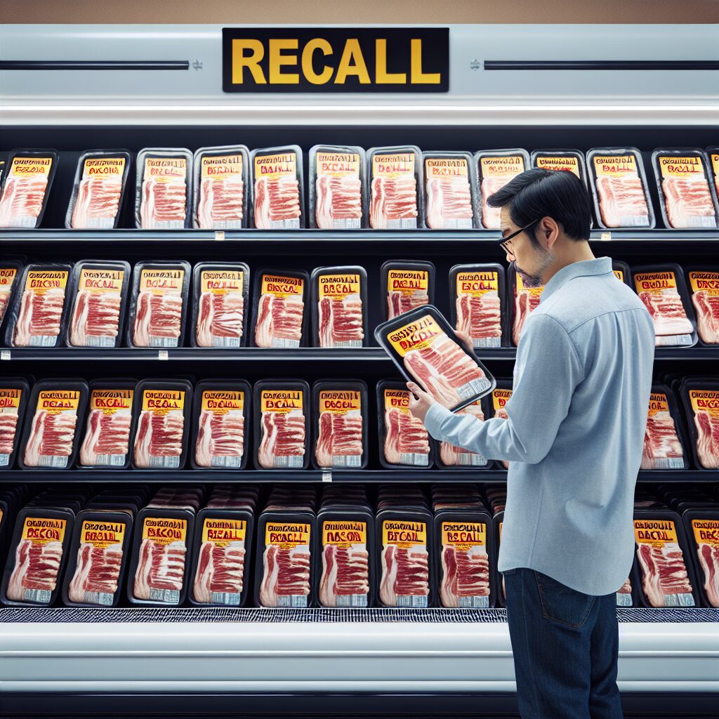A grocery shelf with bacon packages clearly labeled 'recall' due to salmonella risk, with a concerned shopper in focus.