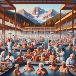A busy thermal spa with senior citizens enjoying various treatments, featuring a backdrop of mountainous scenery, symbolizing health and relaxation amidst a heated debate on public healthcare spending.