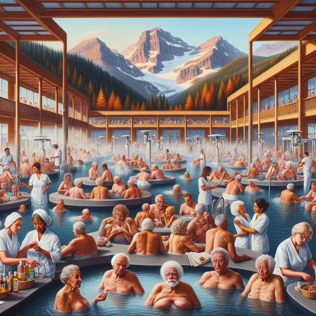 A busy thermal spa with senior citizens enjoying various treatments, featuring a backdrop of mountainous scenery, symbolizing health and relaxation amidst a heated debate on public healthcare spending.