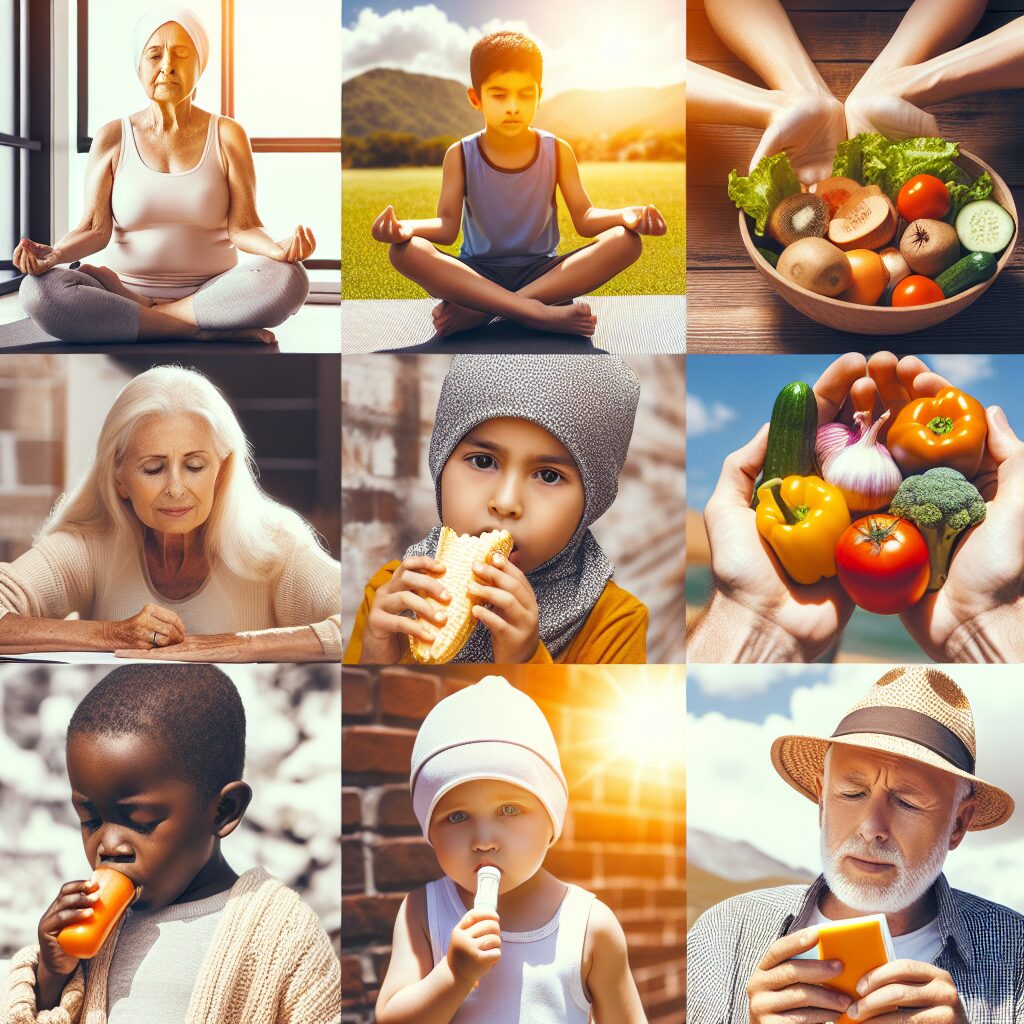 A diverse group of individuals of various ages engaging in healthy activities like exercising, eating vegetables, and protecting themselves from the sun, symbolizing cancer prevention.