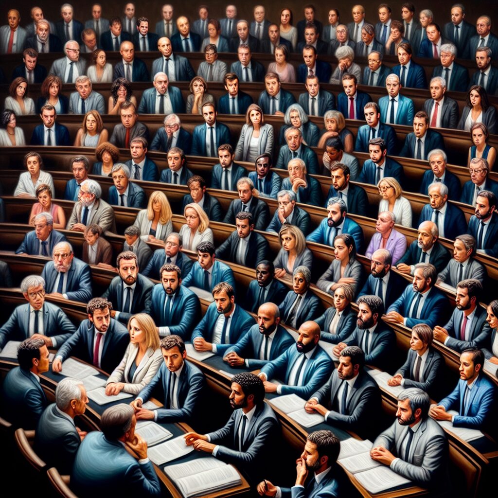 A solemn and thoughtful image of the French National Assembly in session, with an emphasis on a heated debate among diverse politicians. The atmosphere is tense, reflecting the seriousness of the topic on assisted dying legislation.