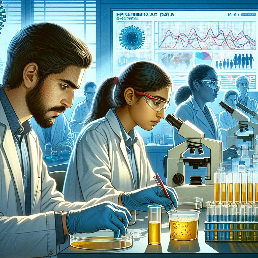 Une illustration montrant des scientifiques en laboratoire analysant des échantillons d'eaux usées avec des graphes de données épidémiologiques en arrière-plan.