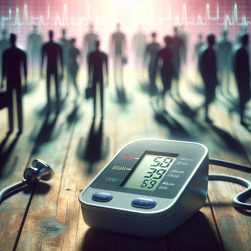 Conceptual image of hypertension: Display a close-up of a digital blood pressure monitor on a table with a background showing a silhouette of many people walking, symbolizing the large number of individuals unaware of their condition. Use a soft color palette to highlight the urgency and stealthy nature of the illness.