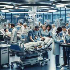 Four patients in a hospital intensive care unit, with medical staff attending, reflecting a somber yet hopeful atmosphere. The scene is set in a modern hospital room, with medical equipment visible.