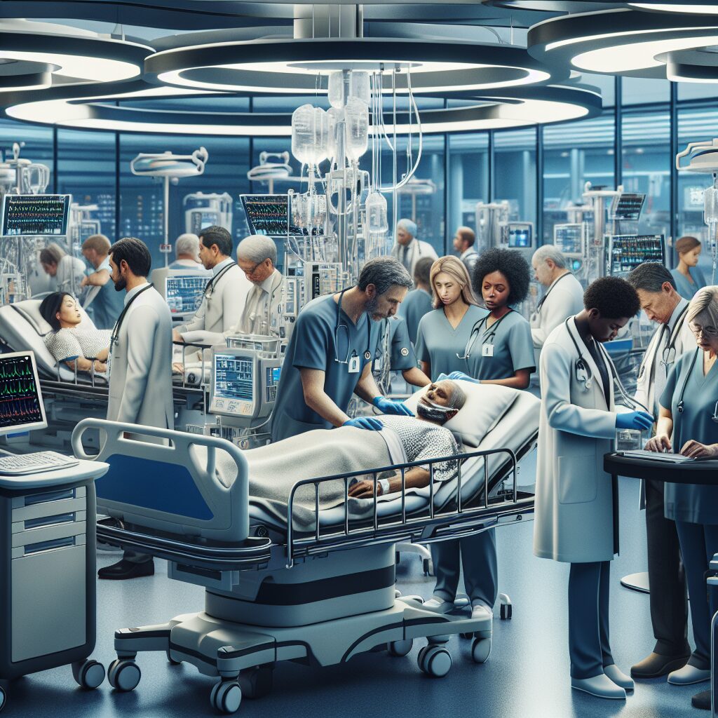 Four patients in a hospital intensive care unit, with medical staff attending, reflecting a somber yet hopeful atmosphere. The scene is set in a modern hospital room, with medical equipment visible.