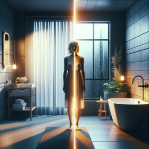 A person standing in a modern bathroom, half in the light of dawn pouring through the window on one side and the warm glow of evening lights on the other, symbolizing the choice between a morning and evening shower.