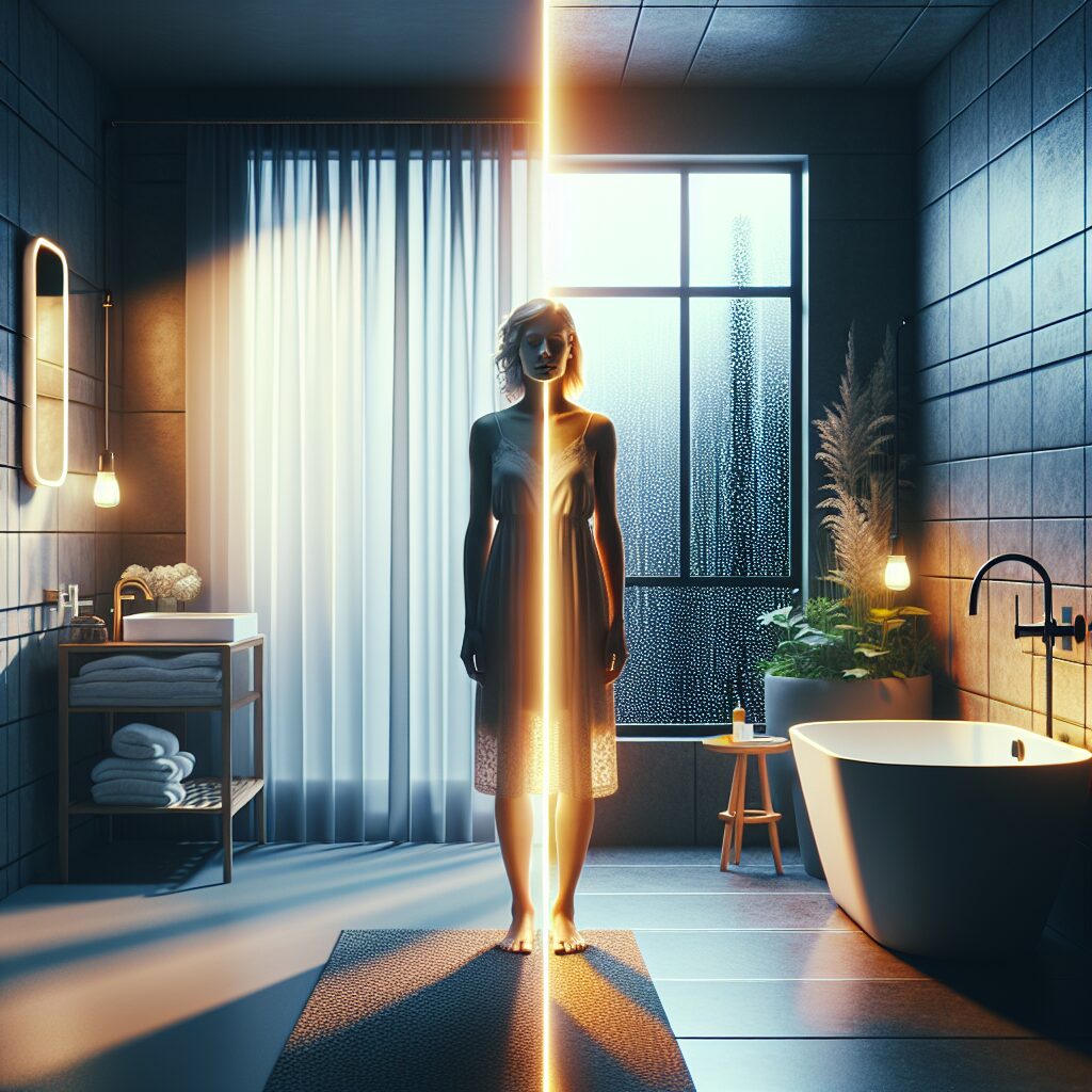 A person standing in a modern bathroom, half in the light of dawn pouring through the window on one side and the warm glow of evening lights on the other, symbolizing the choice between a morning and evening shower.
