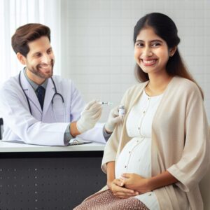 Une femme enceinte recevant une vaccination dans un cadre médical moderne, avec une expression rassurée, un médecin souriant en arrière-plan, symbolisant sécurité et bien-être pendant la grossesse.