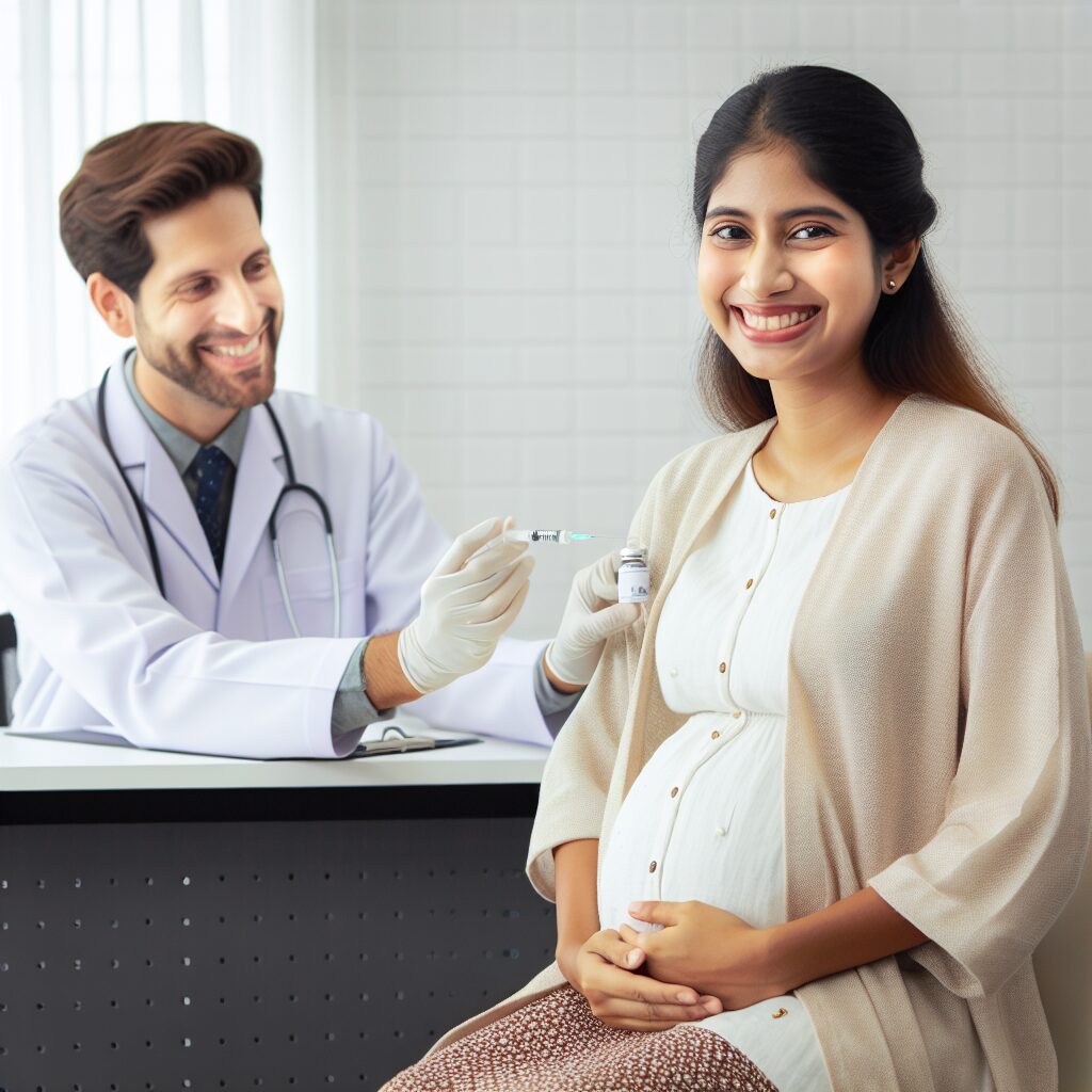 Une femme enceinte recevant une vaccination dans un cadre médical moderne, avec une expression rassurée, un médecin souriant en arrière-plan, symbolisant sécurité et bien-être pendant la grossesse.