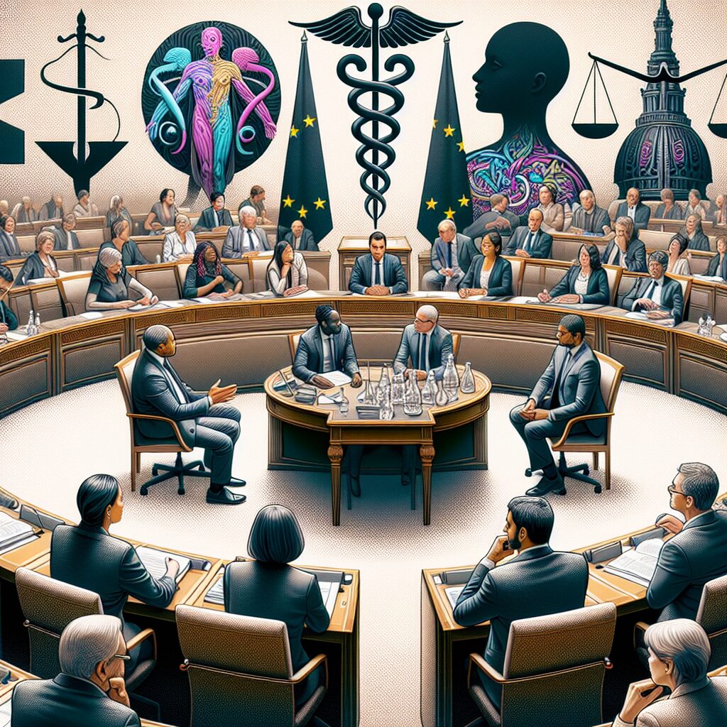 Image d'une salle de l'Assemblée nationale française avec des députés en discussion. En arrière-plan, des symboles de santé et de justice pour représenter le débat sur le droit à l'aide à mourir.