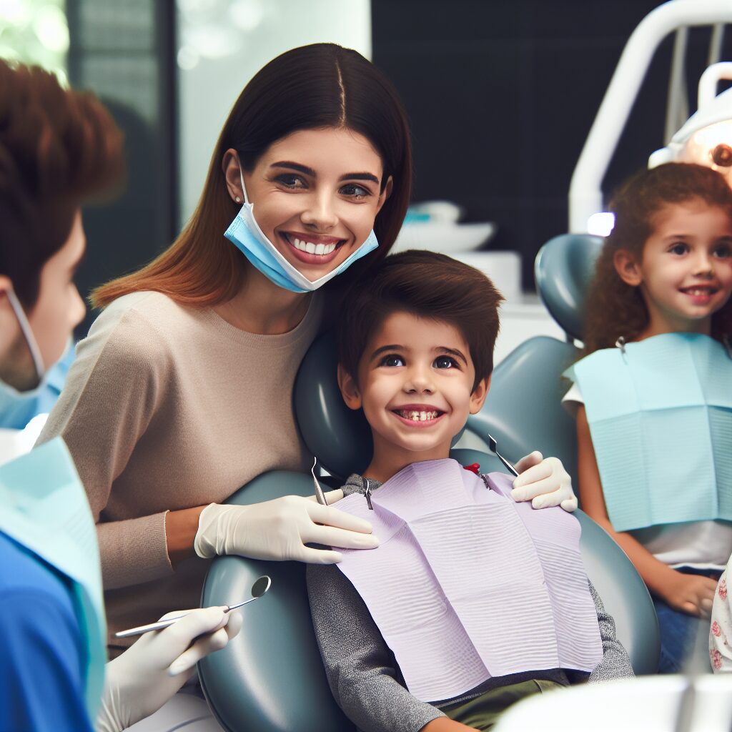 Jeunes de 3 à 24 ans chez le dentiste, sourire, ambiance apaisante, consultations dentaires annuelles, prévention santé bucco-dentaire, cabinet dentaire moderne, interactions positives entre dentiste et patient.