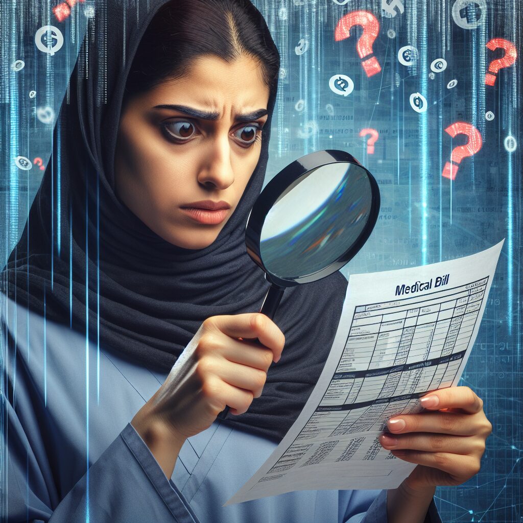 A concerned person reviewing a medical bill with a magnifying glass, highlighting suspicious or erroneous transactions, with a backdrop of digital data streams symbolizing modern technology.
