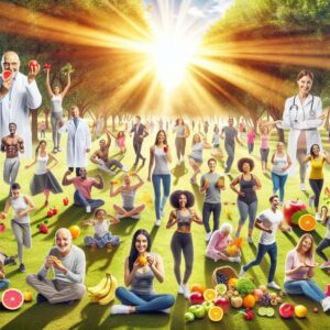 Une scène montrant des personnes de différents âges faisant des choix sains, comme consommer des fruits et faire de l'exercice, dans un parc ensoleillé, symbolisant la prévention du cancer.