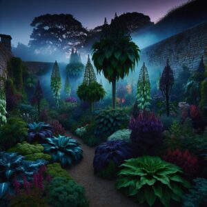 A mysterious and enchanting poisonous garden at dusk, surrounded by ancient stone walls. The vegetation is lush with vivid greenery intermixed with dark purples and rich reds. Tall, ominous plants like Belladonna and Brugmansia stand out, with a misty fog hovering just above the ground, creating an otherworldly atmosphere. The scene is both alluring and slightly ominous, illuminated by a soft, eerie moonlight.