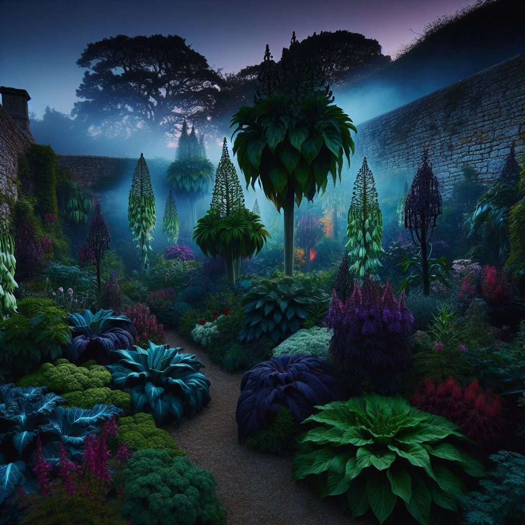 A mysterious and enchanting poisonous garden at dusk, surrounded by ancient stone walls. The vegetation is lush with vivid greenery intermixed with dark purples and rich reds. Tall, ominous plants like Belladonna and Brugmansia stand out, with a misty fog hovering just above the ground, creating an otherworldly atmosphere. The scene is both alluring and slightly ominous, illuminated by a soft, eerie moonlight.