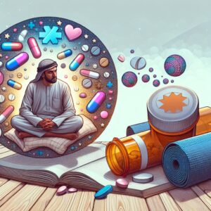 An illustration showing a person sitting on a bed with a thoughtful expression, surrounded by both medication bottles and objects indicating relaxation like a book, a yoga mat, and soothing lighting. The scene suggests choosing between pharmaceutical and natural remedies for anxiety and insomnia.