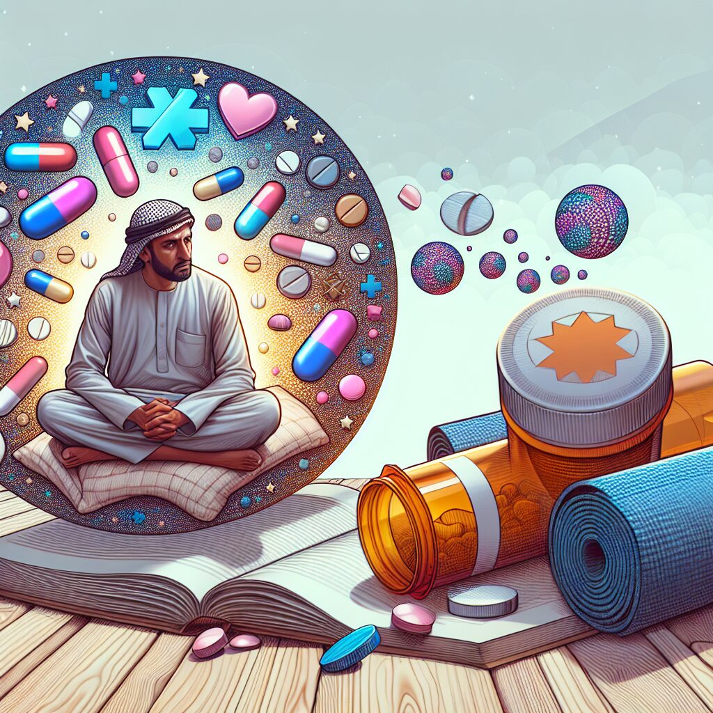An illustration showing a person sitting on a bed with a thoughtful expression, surrounded by both medication bottles and objects indicating relaxation like a book, a yoga mat, and soothing lighting. The scene suggests choosing between pharmaceutical and natural remedies for anxiety and insomnia.