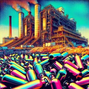 A dramatic image showing a pile of nitrous oxide canisters at a waste disposal site, with a background of an industrial incineration plant. The scene illustrates the hazardous impact of these canisters on public facilities, creating a sense of urgency and danger.