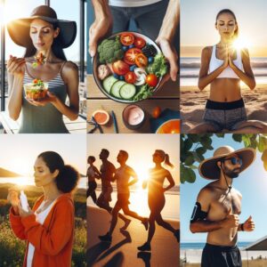 An informative and engaging image showing diverse individuals making healthy lifestyle choices to prevent cancer, featuring elements like healthy eating, physical activity, and sun protection.