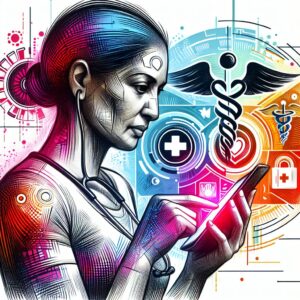 An abstract representation of a person using a mobile app to report medical fraud, with elements symbolizing technology, healthcare, and vigilance.