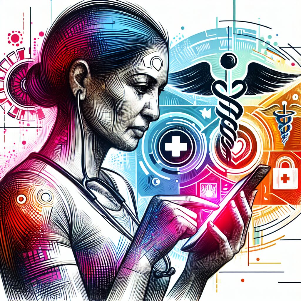 An abstract representation of a person using a mobile app to report medical fraud, with elements symbolizing technology, healthcare, and vigilance.