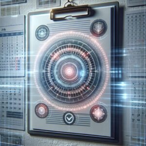 An official document surrounded by security features like holograms and magnetic ink, symbolizing security and anti-fraud measures, with a calendar showing July 2025 in the background.