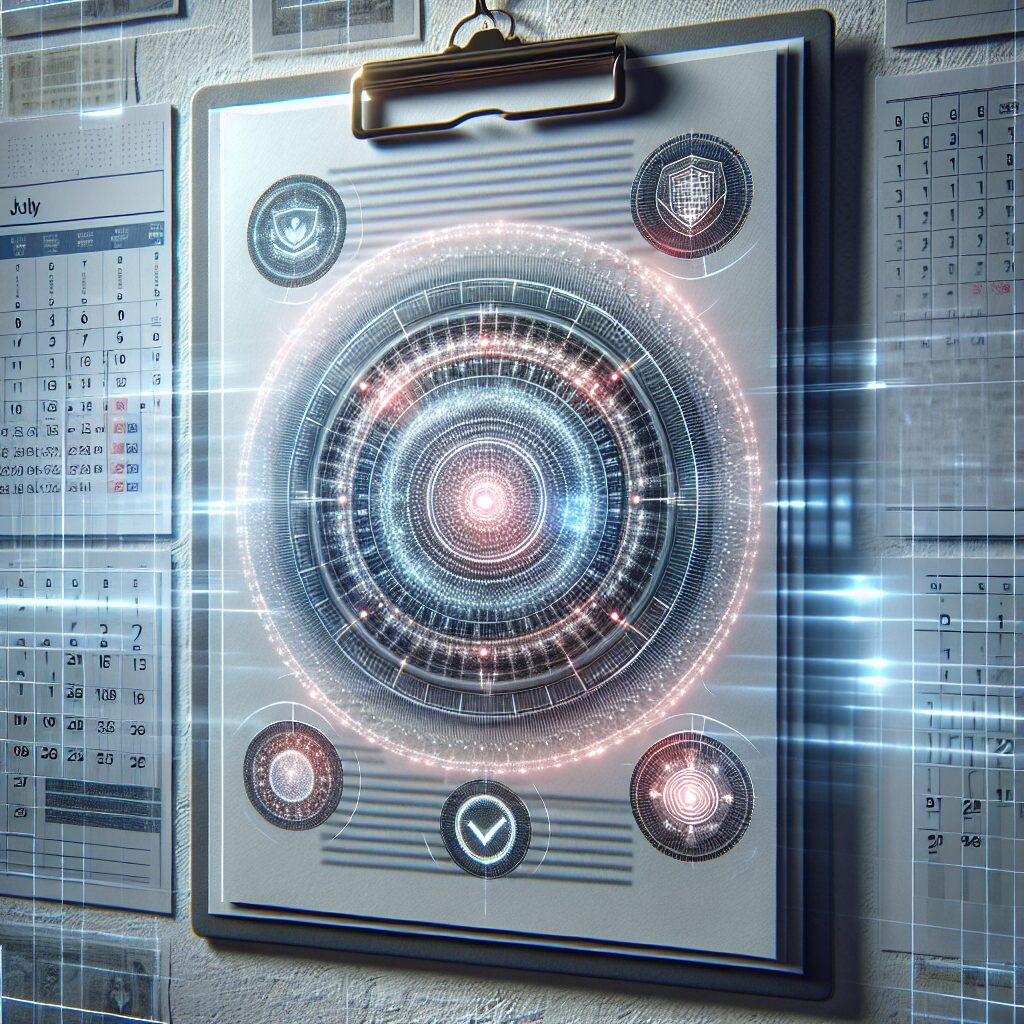 An official document surrounded by security features like holograms and magnetic ink, symbolizing security and anti-fraud measures, with a calendar showing July 2025 in the background.