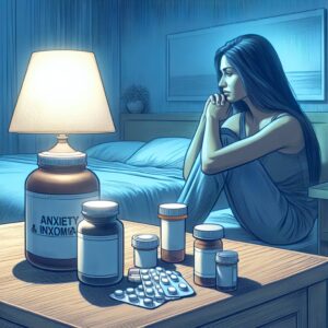 Anxiety and insomnia medication, pills on a bedside table, dimly lit room, person sitting on a bed in background looking thoughtful, illustrative scene of temporary relief from insomnia and anxiety.