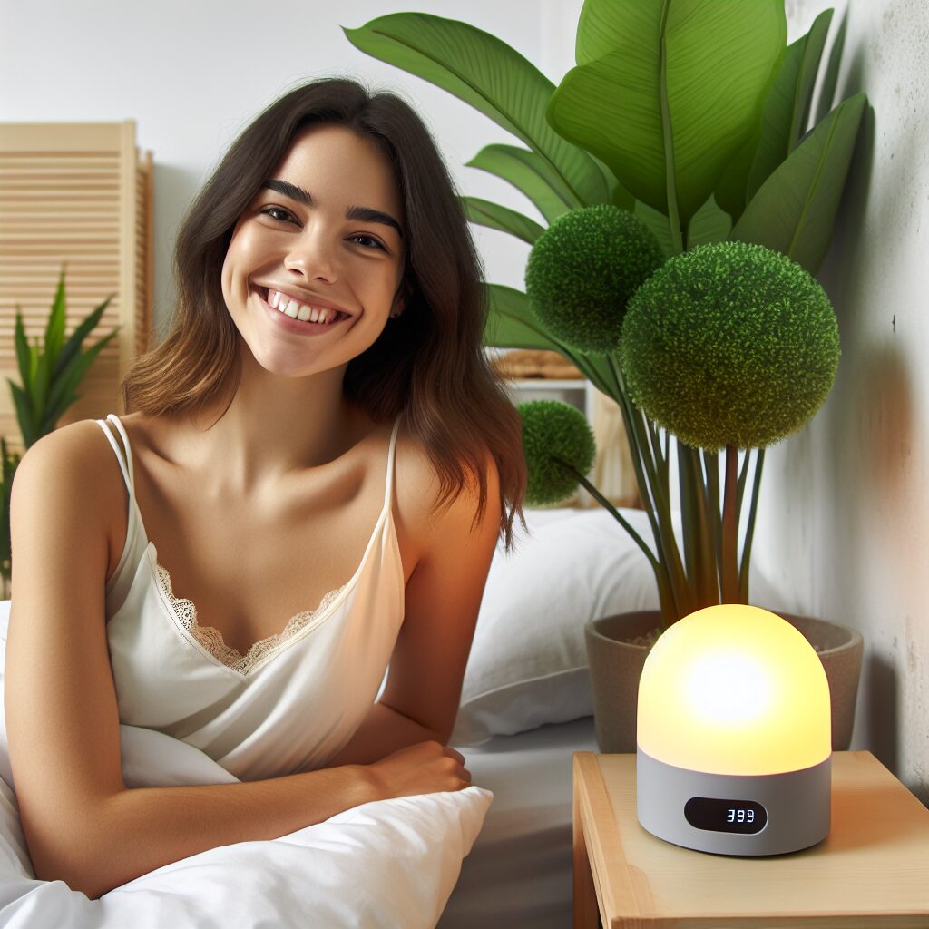 Une femme souriante se réveille dans une chambre lumineuse, avec un simulateur d'aube à côté de son lit, une plante verte en arrière-plan, et une armoire en bois clair pour une atmosphère apaisante et revigorante.