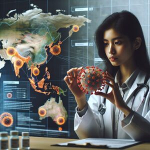 An image depicting a medical professional examining a virus model, representing a new Covid-19 variant, with a background map showing France and highlighted areas in Asia, symbolizing the spread and monitoring of the variant NB.1.8.1.